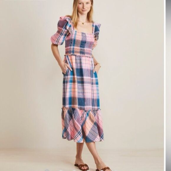 Vineyard Vines Smocked Puff Sleeve Plaid Midi Dress NWT - Picture 2 of 9
